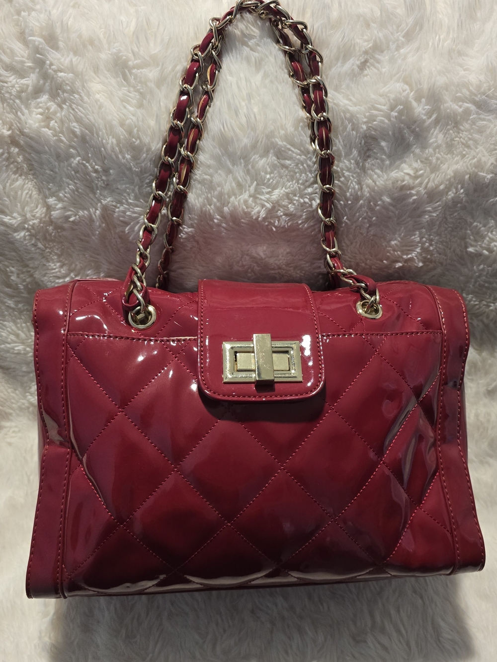 Quilted Red Patent Shoulder Bag with Gold Chain Handles